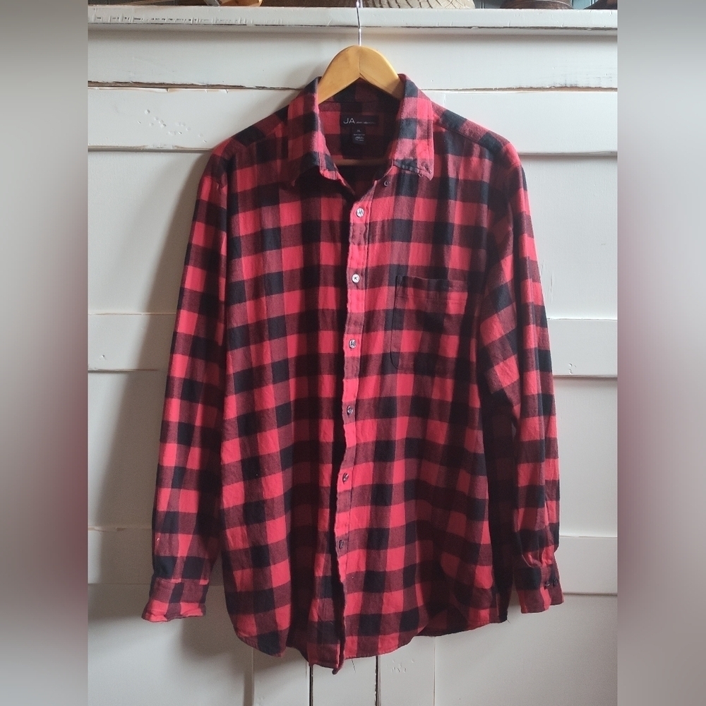 JA John Ashford Men's Red Black Plaid Buffalo Check Flannel Button Down | XL